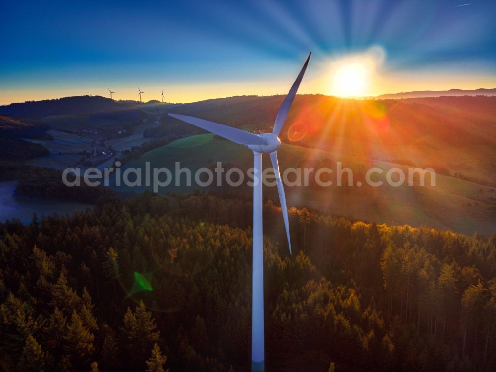 Freiamt from the bird's eye view: Wind turbine windmills (WEA) in a forest area in Freiamt in the state Baden-Wuerttemberg, Germany