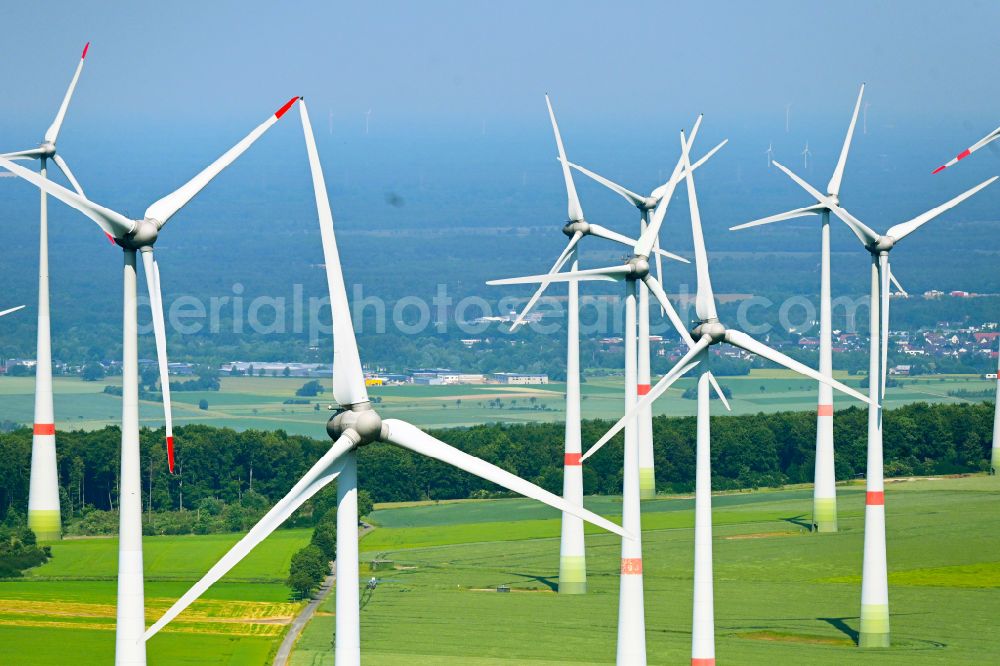 Altenbeken from the bird's eye view: Wind turbine windmills on a field in Altenbeken in the state North Rhine-Westphalia, Germany