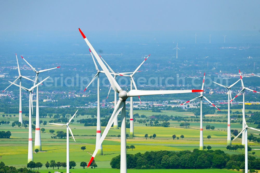 Aerial image Altenbeken - Wind turbine windmills on a field in Altenbeken in the state North Rhine-Westphalia, Germany