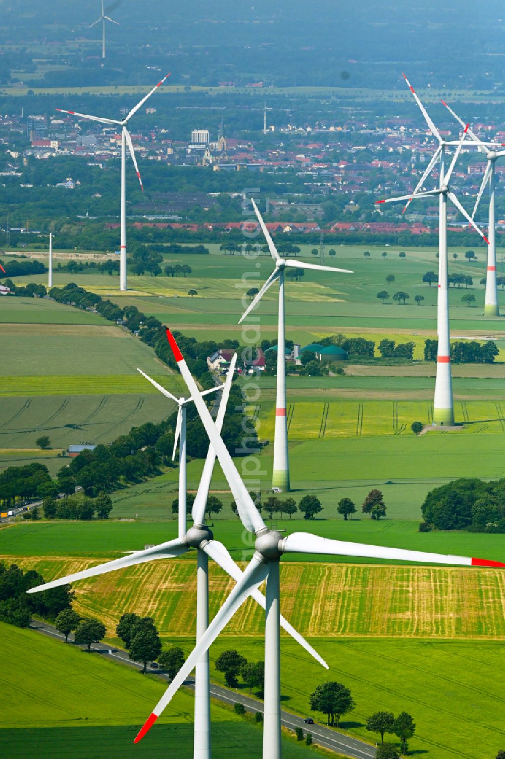 Aerial photograph Altenbeken - Wind turbine windmills on a field in Altenbeken in the state North Rhine-Westphalia, Germany