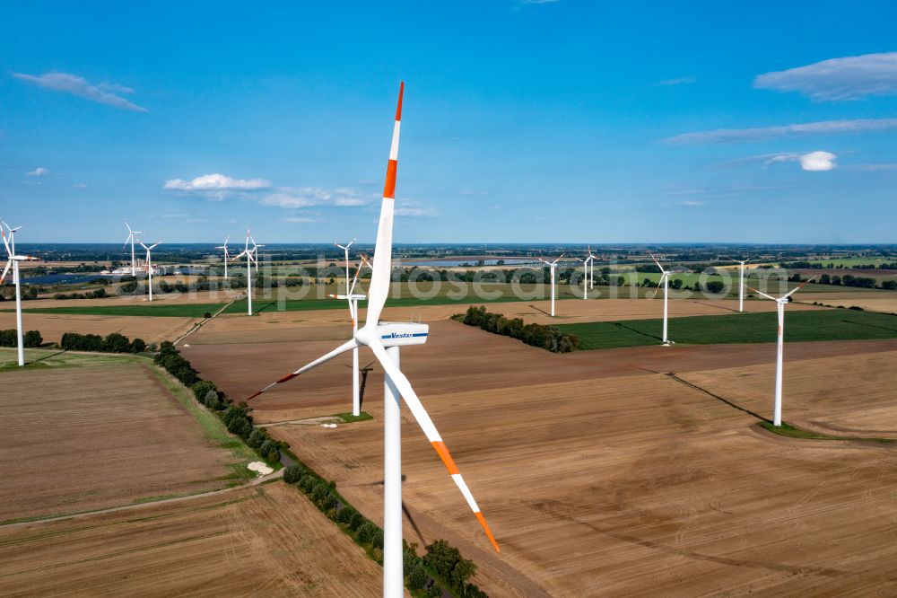 Aerial photograph Bliesdorf - Wind turbine windmills on a field in Bliesdorf in the state Brandenburg, Germany
