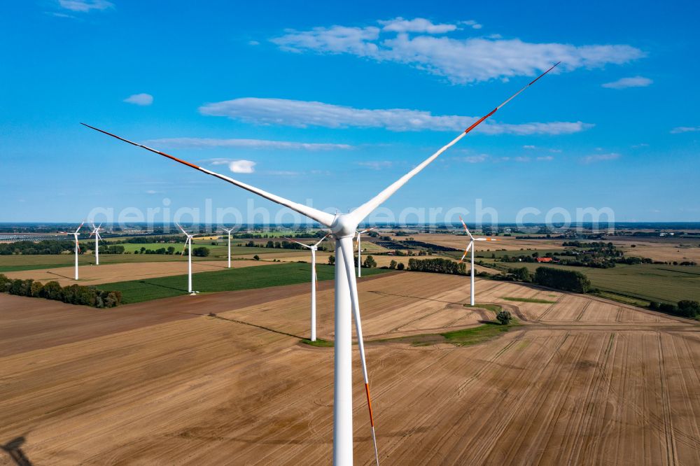 Bliesdorf from above - Wind turbine windmills on a field in Bliesdorf in the state Brandenburg, Germany
