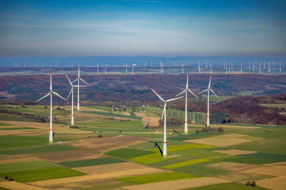 Aerial image Brilon - Wind turbine windmills on a field in Brilon at Sauerland in the state North Rhine-Westphalia, Germany