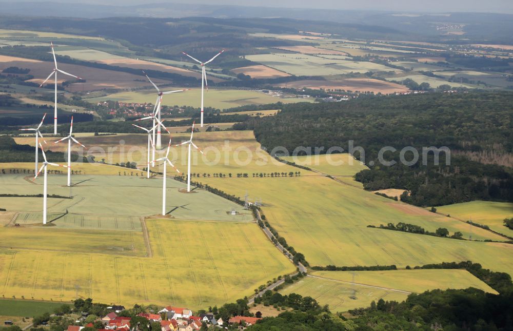 Aerial image Bucha - Wind turbine windmills on a field on street Dorfstrasse in Bucha in the state Thuringia, Germany