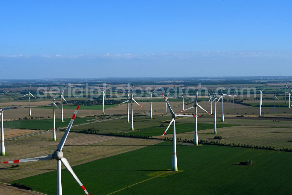 Aerial photograph Grapzow - Wind turbine windmills on a field in Grapzow in the state Mecklenburg - Western Pomerania, Germany