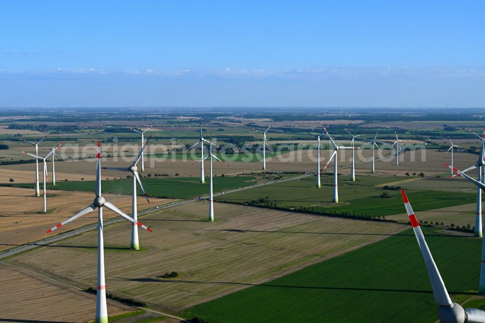 Grapzow from above - Wind turbine windmills on a field in Grapzow in the state Mecklenburg - Western Pomerania, Germany