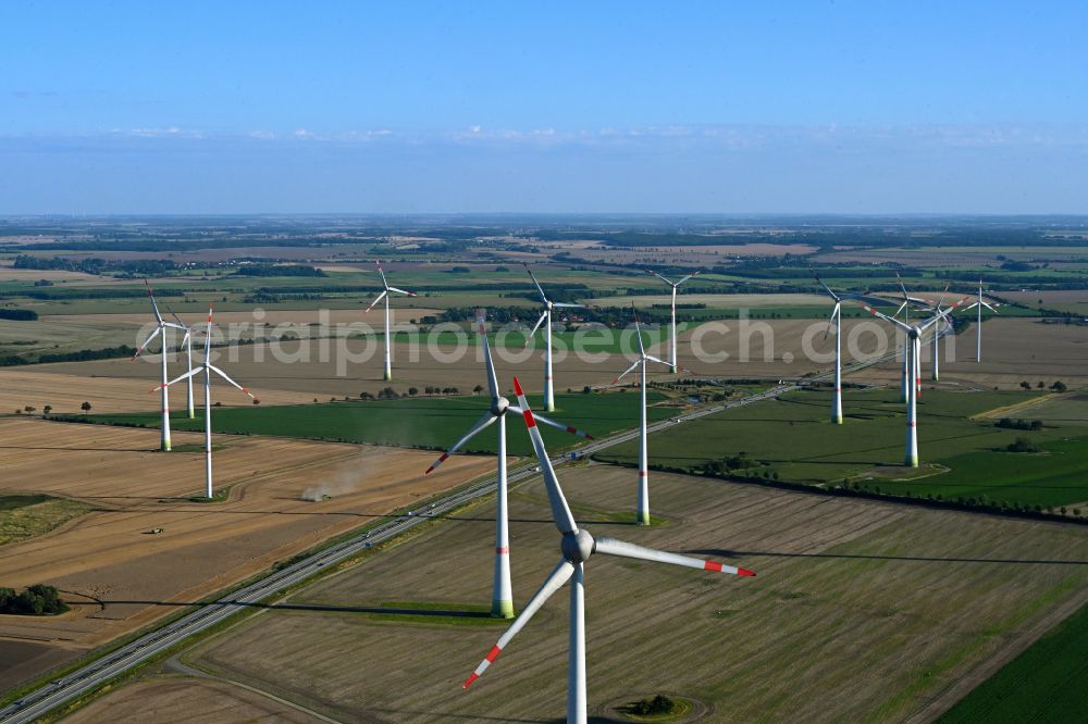 Grapzow from the bird's eye view: Wind turbine windmills on a field in Grapzow in the state Mecklenburg - Western Pomerania, Germany