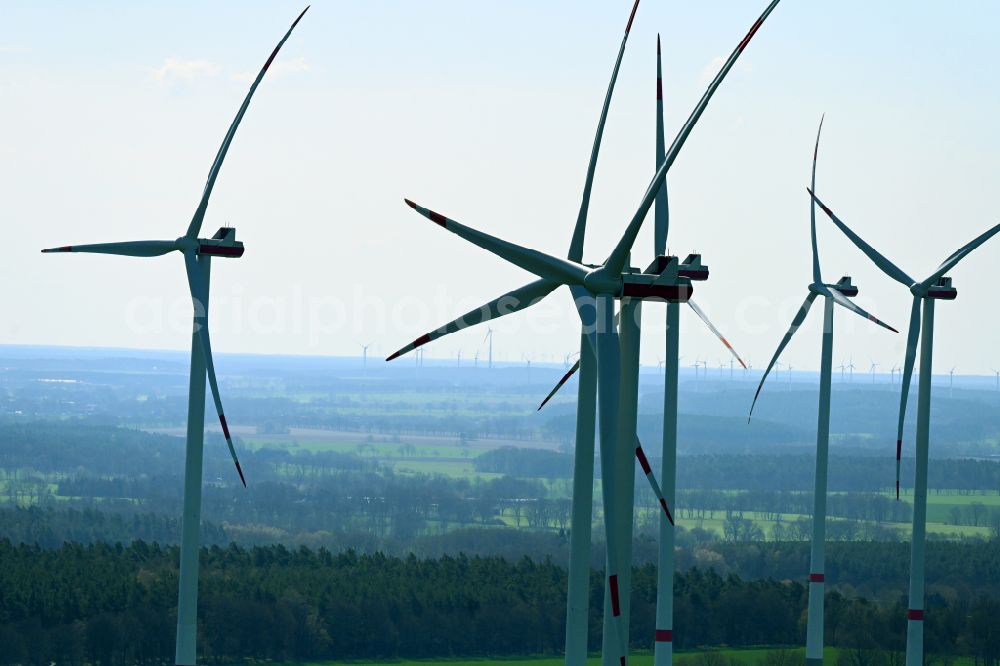Aerial image Halenbeck - Wind turbine windmills on a field in Halenbeck in the state Brandenburg, Germany