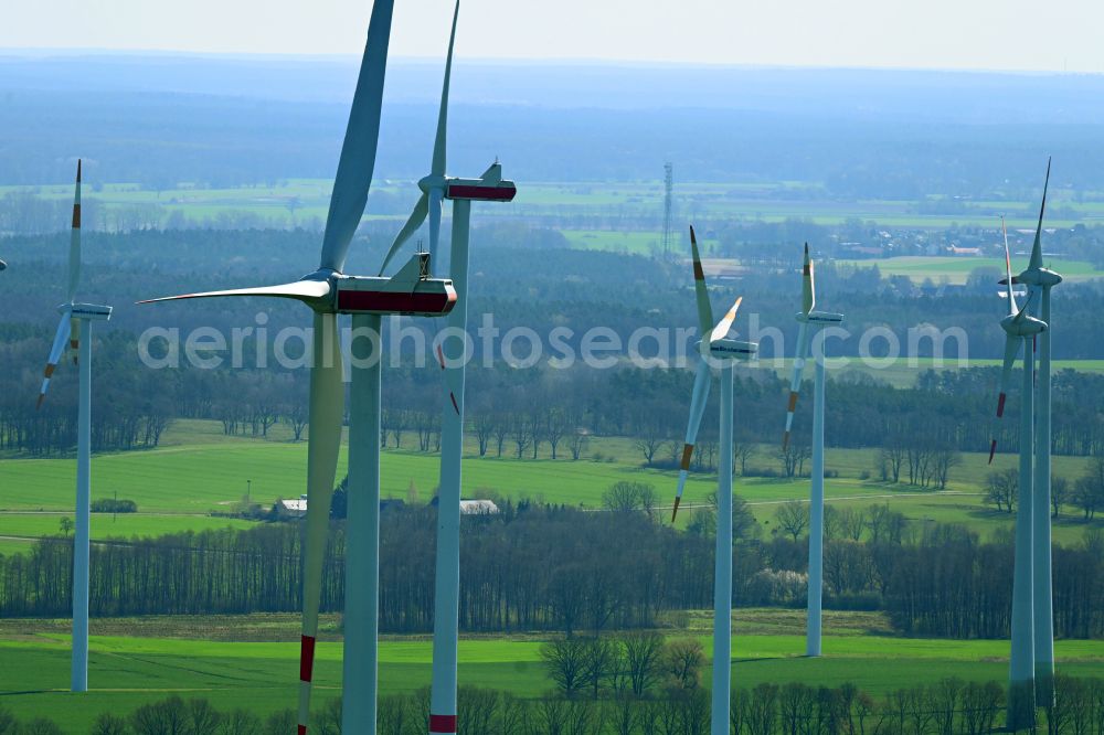 Aerial photograph Halenbeck - Wind turbine windmills on a field in Halenbeck in the state Brandenburg, Germany