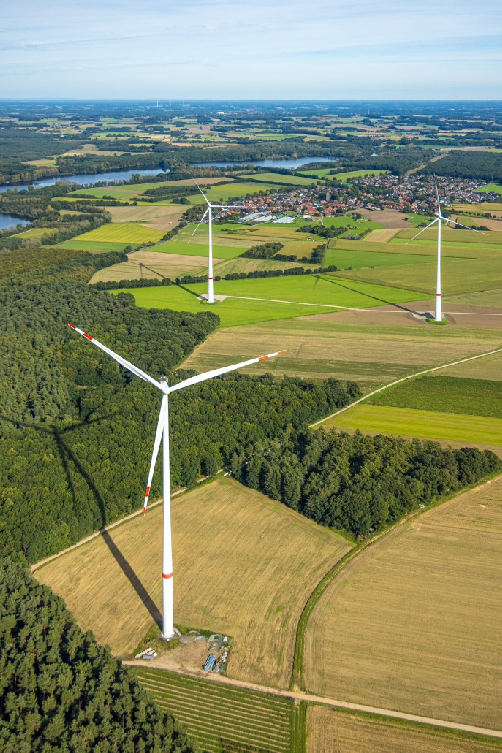 Aerial image Haltern am See - Wind turbine windmills on a field in Haltern am See at Ruhrgebiet in the state North Rhine-Westphalia, Germany