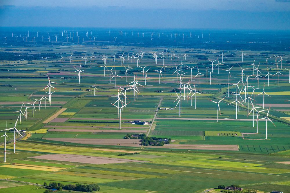 Aerial photograph Langenhorn - Wind turbine windmills on a field in Langenhorn in the state Schleswig-Holstein, Germany