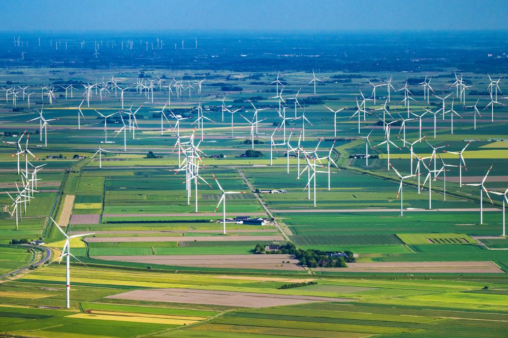 Langenhorn from above - Wind turbine windmills on a field in Langenhorn in the state Schleswig-Holstein, Germany