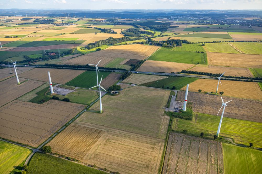Mawicke from the bird's eye view: Wind turbine windmills on a field in Mawicke in the state North Rhine-Westphalia, Germany
