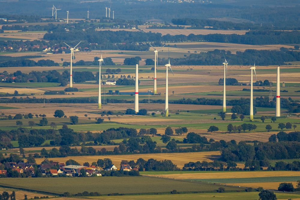 Mawicke from above - Wind turbine windmills on a field in Mawicke in the state North Rhine-Westphalia, Germany