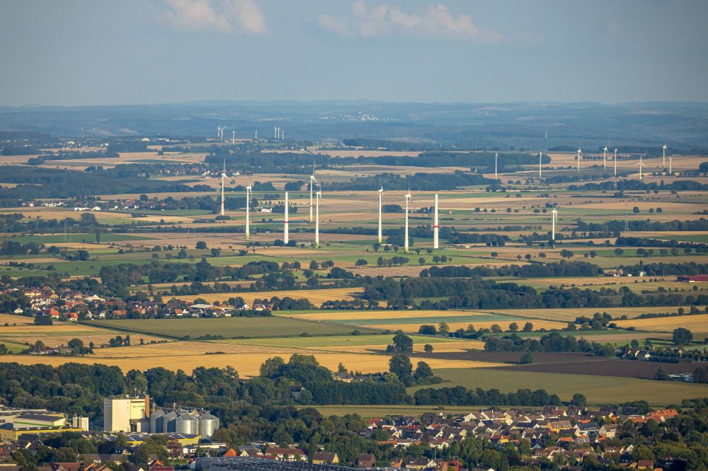 Aerial image Mawicke - Wind turbine windmills on a field in Mawicke in the state North Rhine-Westphalia, Germany