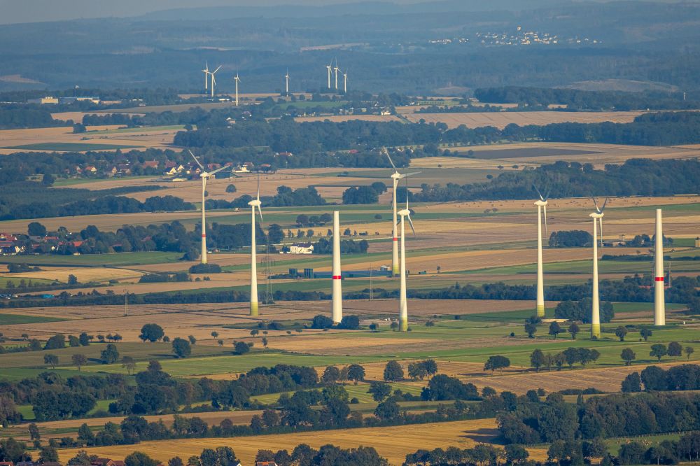 Aerial photograph Mawicke - Wind turbine windmills on a field in Mawicke in the state North Rhine-Westphalia, Germany
