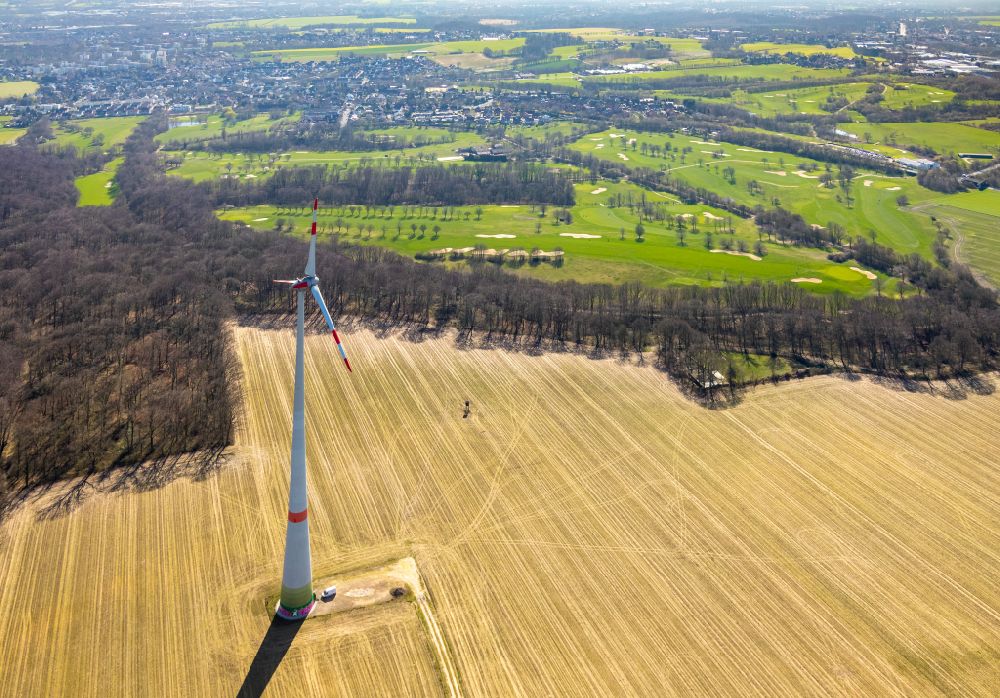 Aerial image Mengede - Wind turbine windmills on a field in Mengede in the state North Rhine-Westphalia, Germany