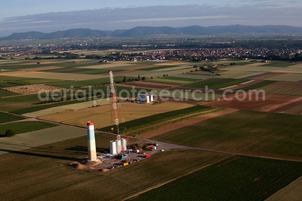 Ottersheim bei Landau from above - Wind turbine windmills on a field in Ottersheim bei Landau in the state Rhineland-Palatinate, Germany