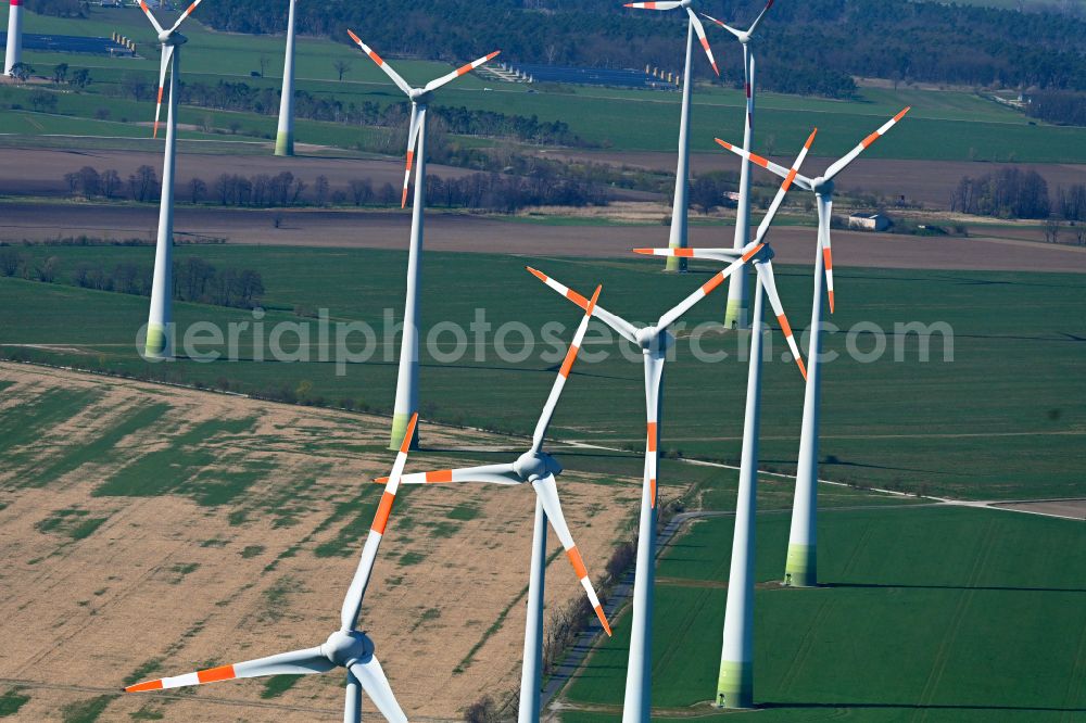Quellendorf from above - Wind turbine windmills on a field in Quellendorf in the state Saxony-Anhalt, Germany