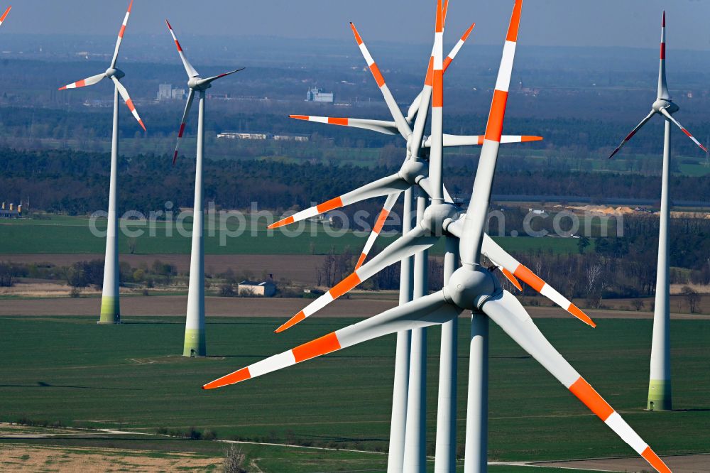 Quellendorf from the bird's eye view: Wind turbine windmills on a field in Quellendorf in the state Saxony-Anhalt, Germany