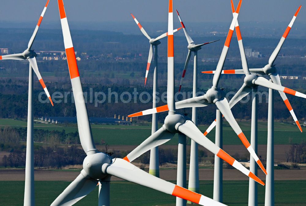 Aerial photograph Quellendorf - Wind turbine windmills on a field in Quellendorf in the state Saxony-Anhalt, Germany
