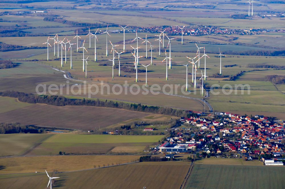 Rodeberg from above - Wind turbine windmills on a field in Rodeberg in the state Thuringia, Germany