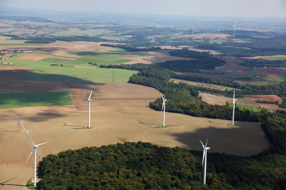 Aerial image Teterchen - Wind turbine windmills on a field in Teterchen in Grand Est, France
