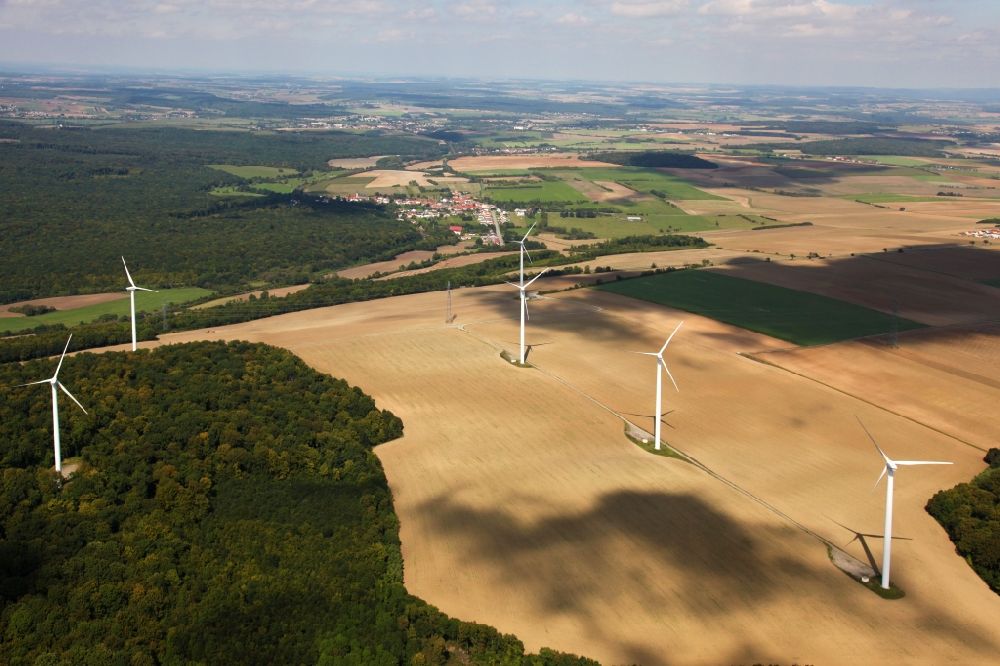 Aerial photograph Teterchen - Wind turbine windmills on a field in Teterchen in Grand Est, France