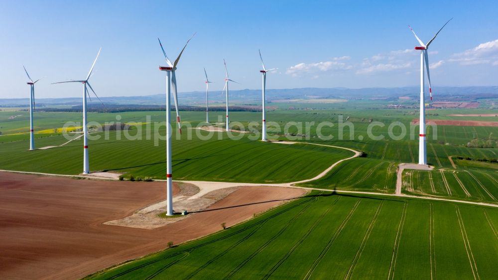 Wipperdorf from the bird's eye view: Wind turbine windmills on a field in Wipperdorf in the state Thuringia, Germany