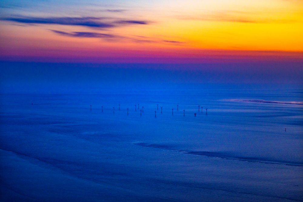 Nordergründe from the bird's eye view: Wind turbines of the offshore wind farm on the water surface of North Sea in Nordergruende in the state Lower Saxony, Germany