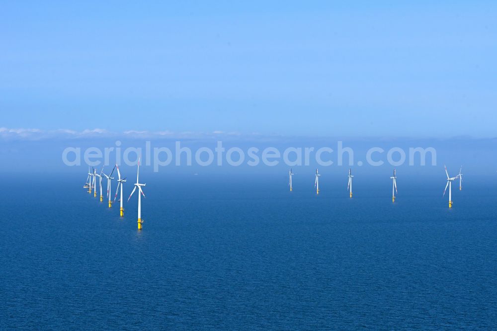 Zingst from above - Wind turbines of the offshore wind farm EnBW Baltic 1 on the water surface of Baltic Sea in Zingst in the state Mecklenburg - Western Pomerania, Germany