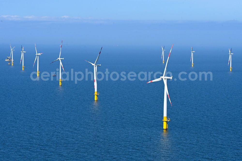 Zingst from above - Wind turbines of the offshore wind farm EnBW Baltic 1 on the water surface of Baltic Sea in Zingst in the state Mecklenburg - Western Pomerania, Germany