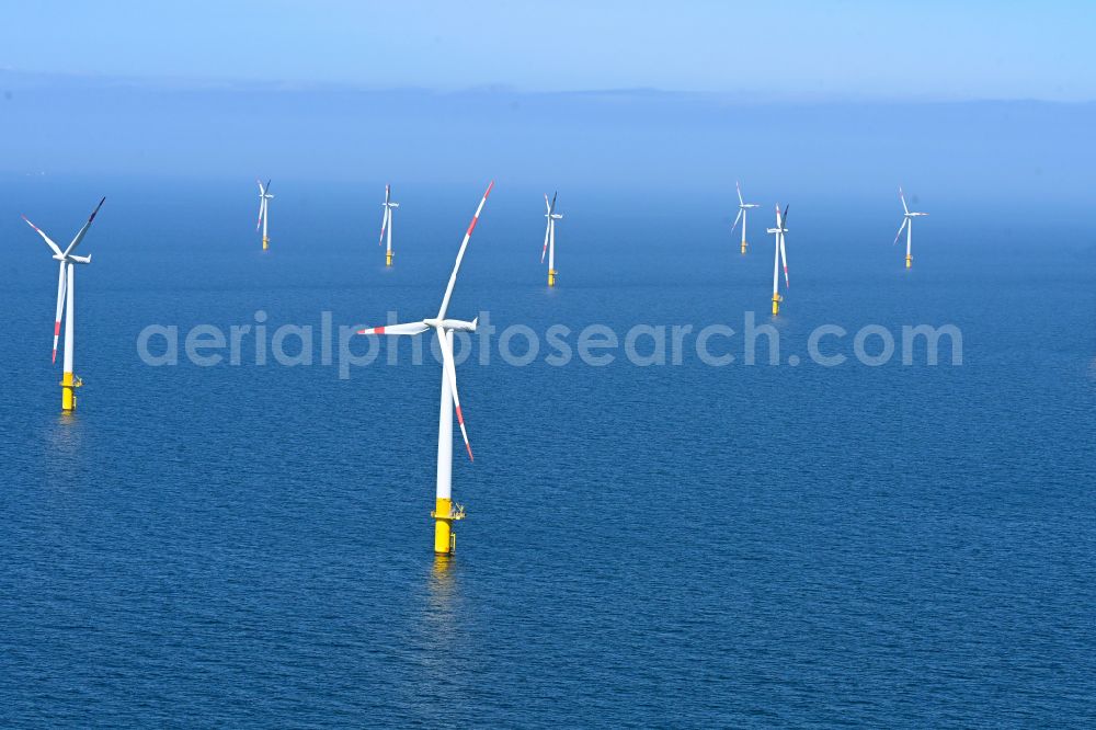 Zingst from the bird's eye view: Wind turbines of the offshore wind farm EnBW Baltic 1 on the water surface of Baltic Sea in Zingst in the state Mecklenburg - Western Pomerania, Germany