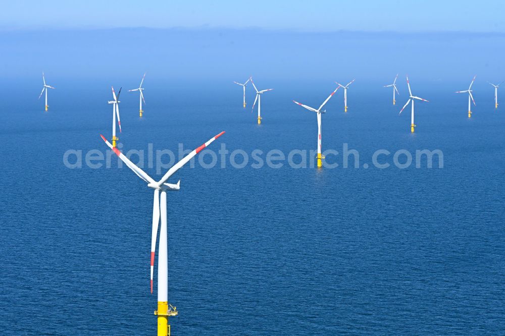 Aerial image Zingst - Wind turbines of the offshore wind farm EnBW Baltic 1 on the water surface of Baltic Sea in Zingst in the state Mecklenburg - Western Pomerania, Germany