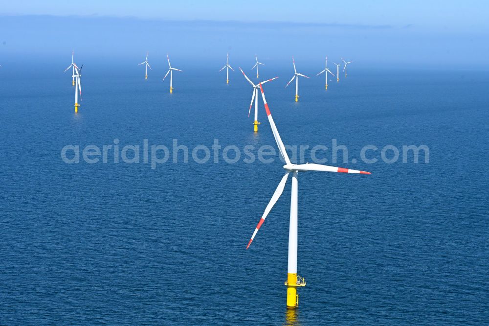 Zingst from the bird's eye view: Wind turbines of the offshore wind farm EnBW Baltic 1 on the water surface of Baltic Sea in Zingst in the state Mecklenburg - Western Pomerania, Germany
