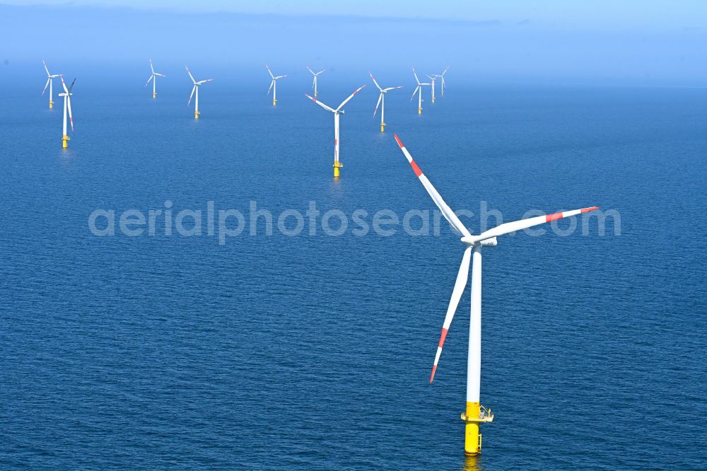 Aerial image Zingst - Wind turbines of the offshore wind farm EnBW Baltic 1 on the water surface of Baltic Sea in Zingst in the state Mecklenburg - Western Pomerania, Germany