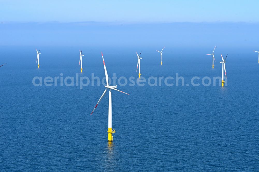 Aerial photograph Zingst - Wind turbines of the offshore wind farm EnBW Baltic 1 on the water surface of Baltic Sea in Zingst in the state Mecklenburg - Western Pomerania, Germany