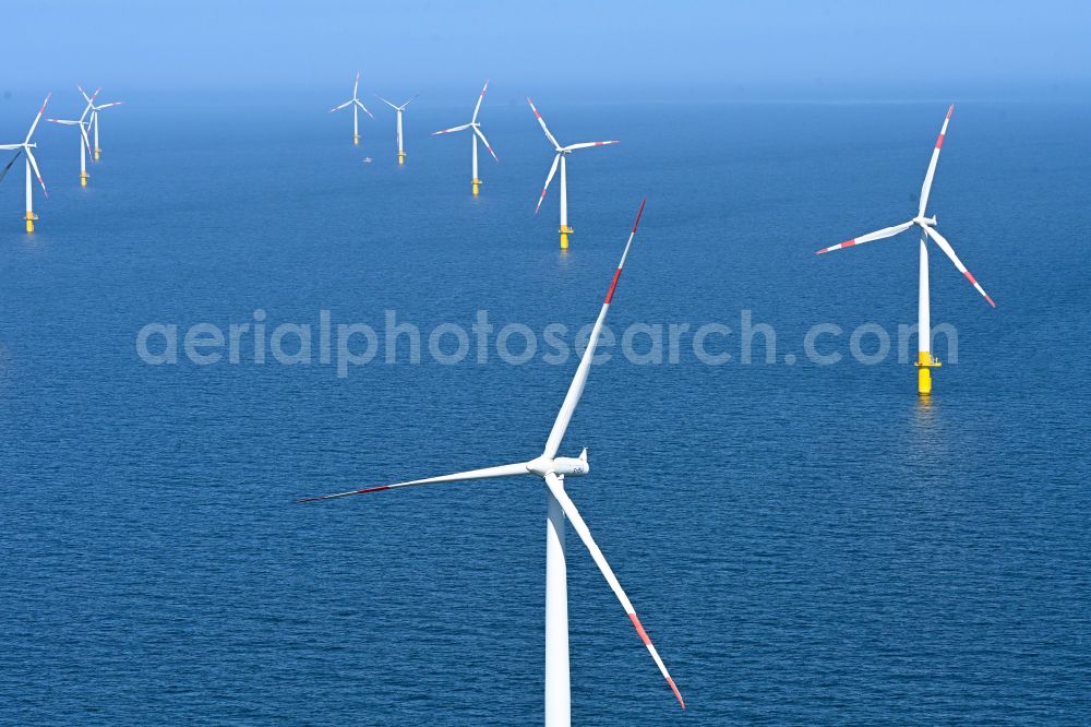Aerial photograph Zingst - Wind turbines of the offshore wind farm EnBW Baltic 1 on the water surface of Baltic Sea in Zingst in the state Mecklenburg - Western Pomerania, Germany