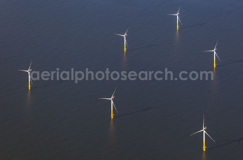 Aerial image Nordergründe - Wind turbines of the offshore wind farm on the water surface of North Sea in Nordergruende in the state Lower Saxony, Germany