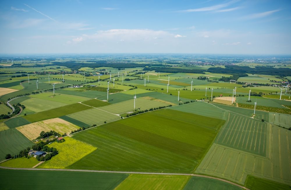 Anröchte from above - Wind turbine windmills on a field in Anroechte in the state North Rhine-Westphalia