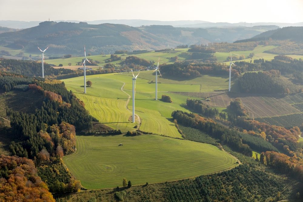 Berlar from the bird's eye view: Wind turbine windmills on a field in Berlar in the state North Rhine-Westphalia, Germany