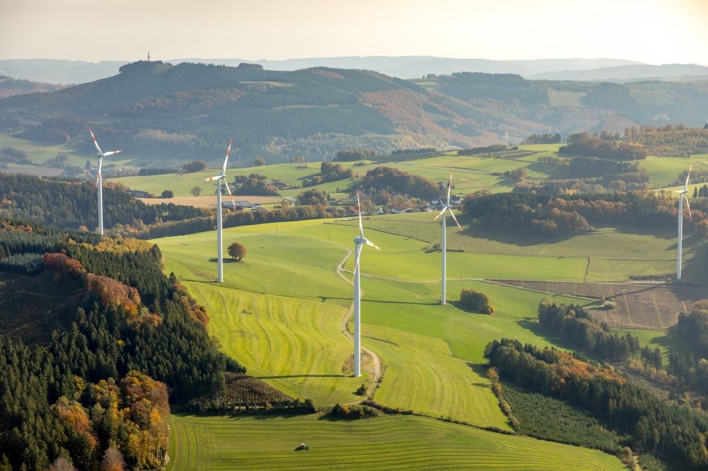 Aerial image Berlar - Wind turbine windmills on a field in Berlar in the state North Rhine-Westphalia, Germany