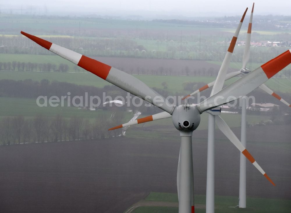 Aerial photograph Bülstringen - Wind turbine windmills on a field in Buelstringen in the state Saxony-Anhalt