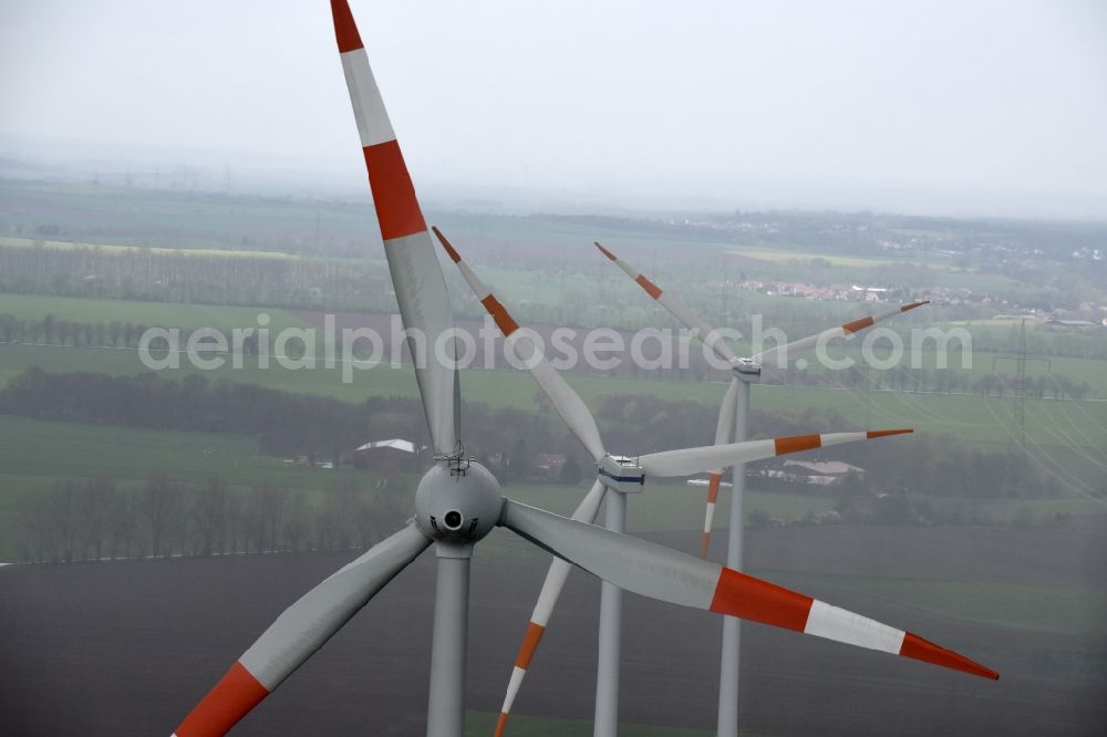 Bülstringen from above - Wind turbine windmills on a field in Buelstringen in the state Saxony-Anhalt