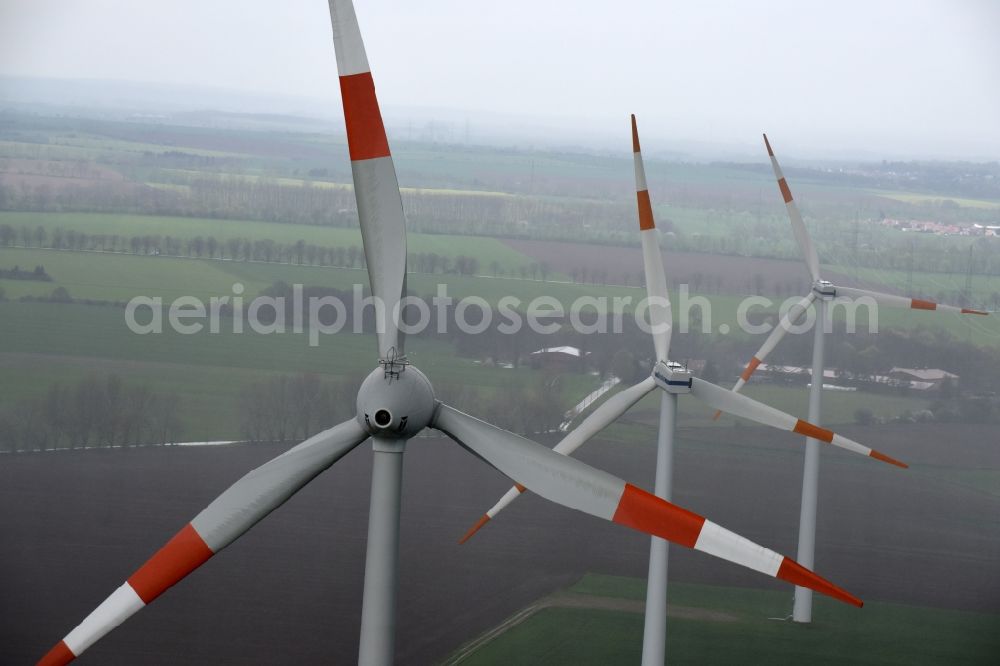 Bülstringen from the bird's eye view: Wind turbine windmills on a field in Buelstringen in the state Saxony-Anhalt