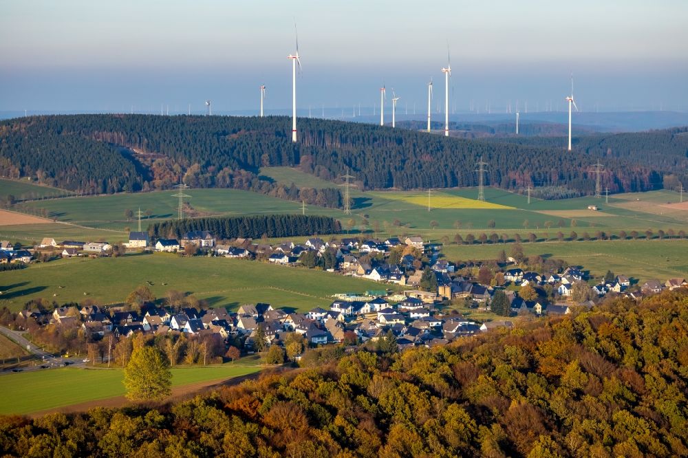 Brilon from the bird's eye view: Wind turbine windmills on a field in Brilon in the state North Rhine-Westphalia, Germany