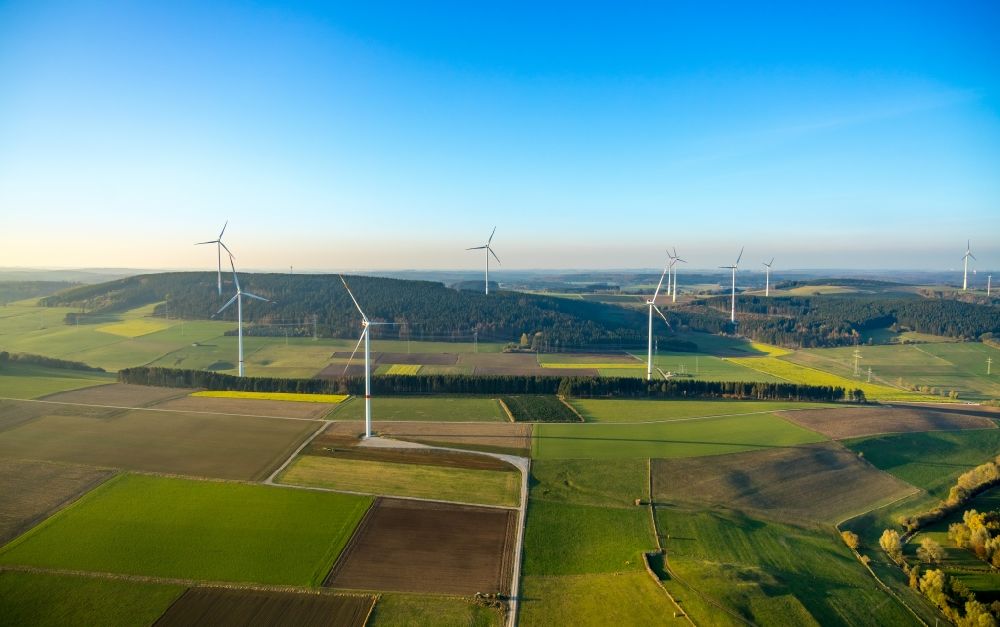 Aerial image Brilon - Wind turbine windmills on a field in Brilon in the state North Rhine-Westphalia, Germany