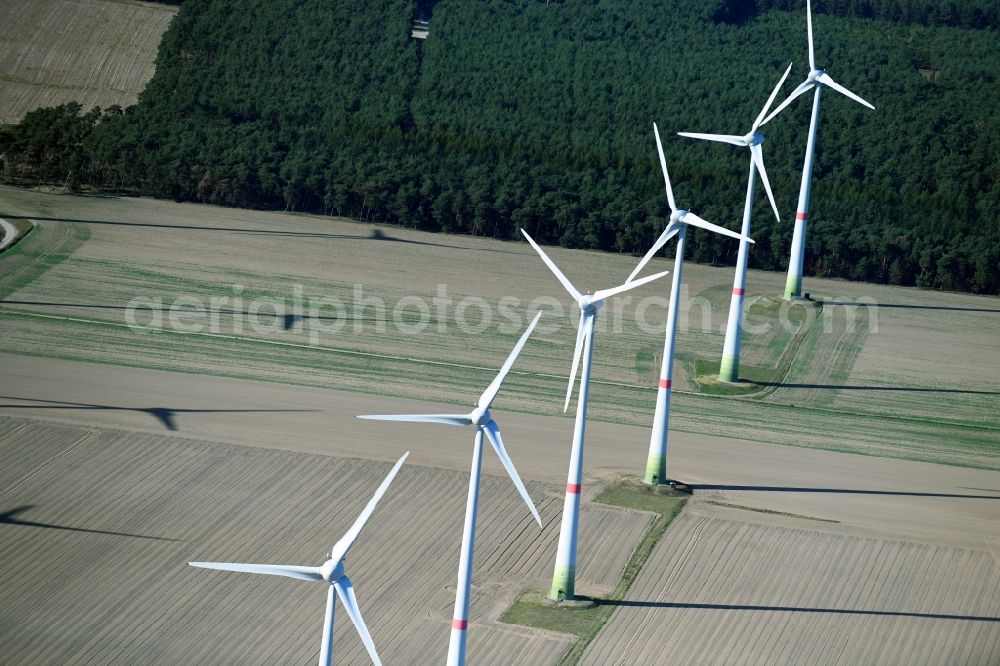 Danna from above - Wind turbine windmills on a field in Danna in the state Brandenburg, Germany