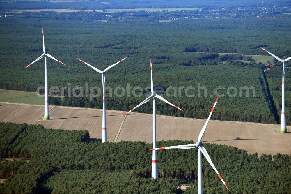 Danna from the bird's eye view: Wind turbine windmills on a field in Danna in the state Brandenburg, Germany