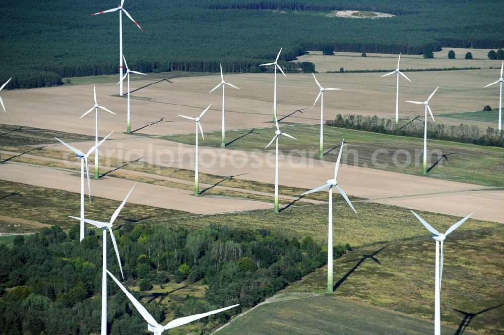 Aerial photograph Danna - Wind turbine windmills on a field in Danna in the state Brandenburg, Germany